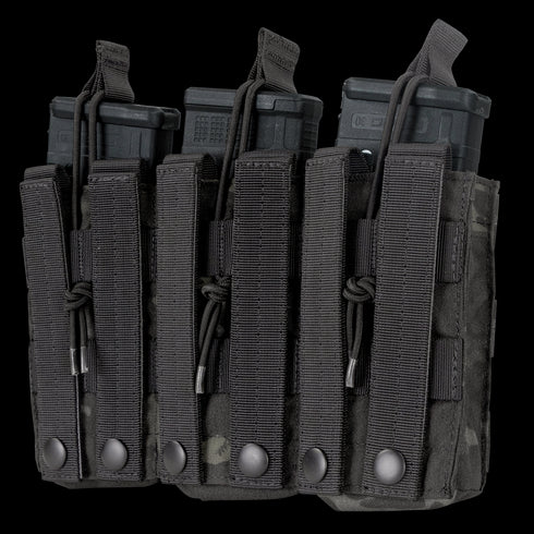 Three black M4/M16 magazines in a Condor Triple M4/M16 Open-Top Mag Pouch, MultiCam Black.